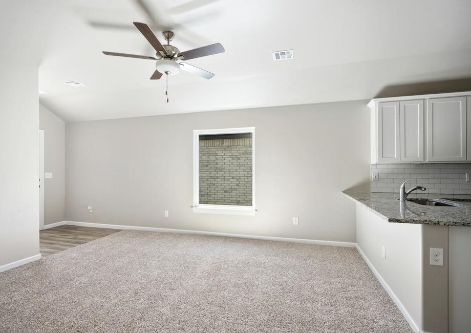The family room is large and has a window that lets in great light.
