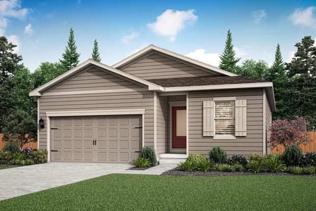 Rendering of the 3-bedroom Arapaho, featuring a two-car garage and professional front yard landscaping.