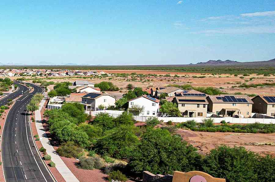 Aerial view of the entrance to Red Rock Village