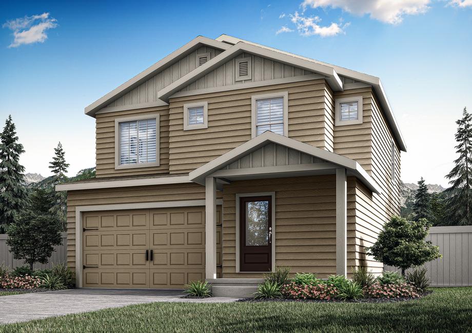Rendering of the Logan plan with a 3/4 lite door and covered front porch.
