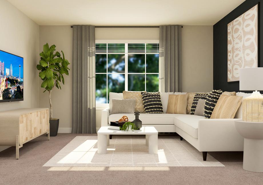 Rendering of loft highlighting a large window with curtains. This room is furnished with a white sectional and a tv console.