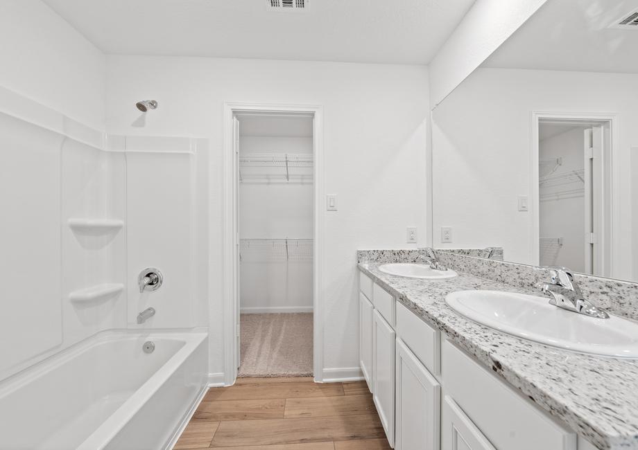 Master bathroom with a double-sink vanity and dual shower and tub.