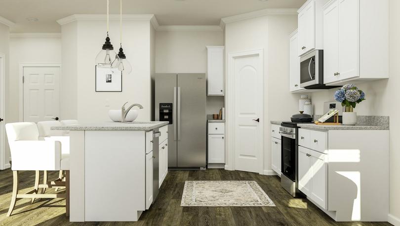 Rendering of the kitchen in the Hartford
  which has vinyl plank wood flooring, white cabinetry, granite countertops and
  stainless steel Whirlpool brand appliances. 