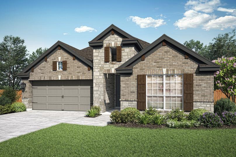 The Caldwell plan has a stunning brick and stone exterior with the accent of window shutters.