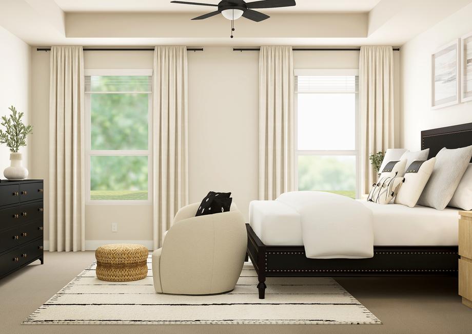 Rendering of the master bedroom looking
  towards the two windows that provide plenty of natural light. The room has a
  ceiling fan and carpeted flooring and ample space for furniture.