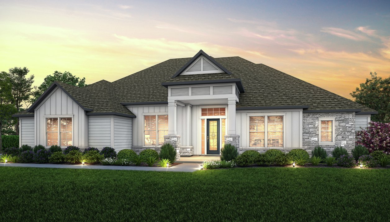 The beautiful Timberland plan at dusk.