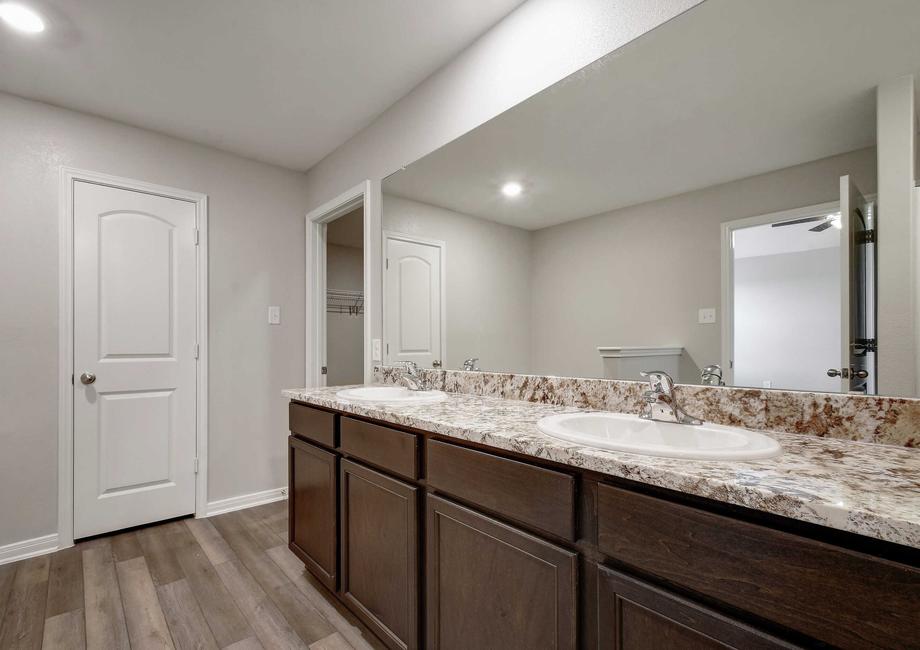 Master bathroom with a dual-sink vanity and an attached walk-in closet.