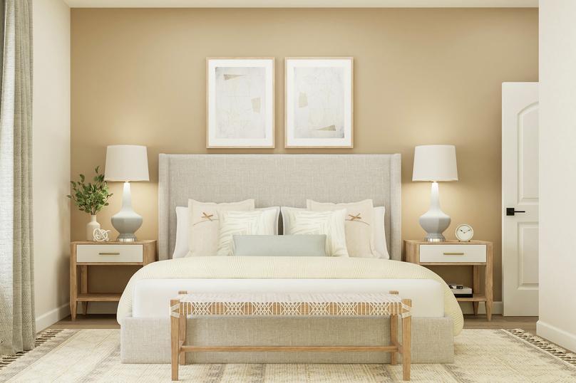 Rendering of the spacious master bedroom
  with large window and wood-style vinyl plank flooring. The room is furnished
  with a king bed, two nightstands, a bench and a rug.