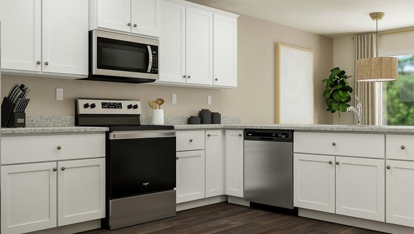 Rendering of the kitchen with vinyl plank
  flooring, white cabinetry and stainless steel appliances. The dining room is
  visible in the background.