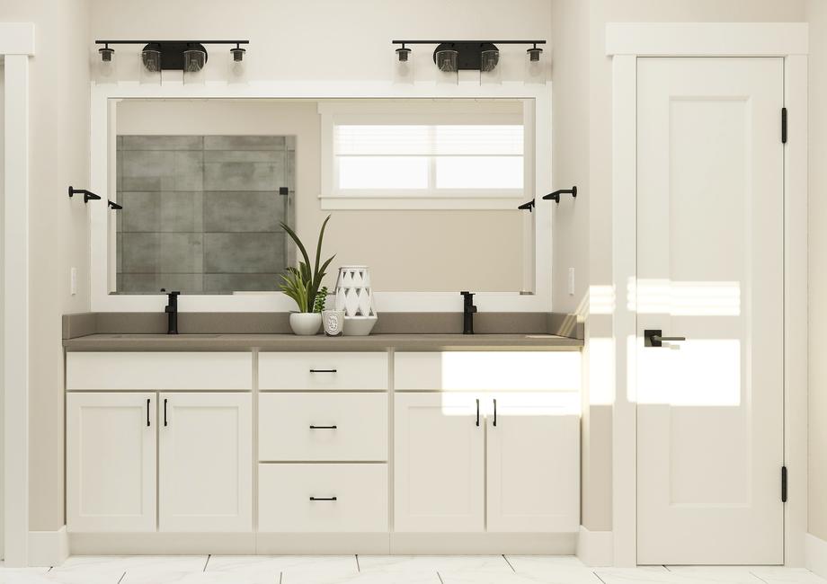 Rendering of a white double-sink vanity
  and white cabinetry.Â 