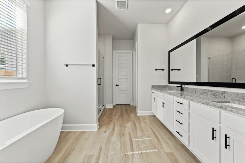 The master bathroom includes a spacious vanity, a standalone tub and a walk-in shower.