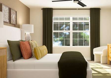 Rendering
  of spacious bedroom highlighting the large window with green curtains. The
  room is furnished with a large bed, chair and a dresser.