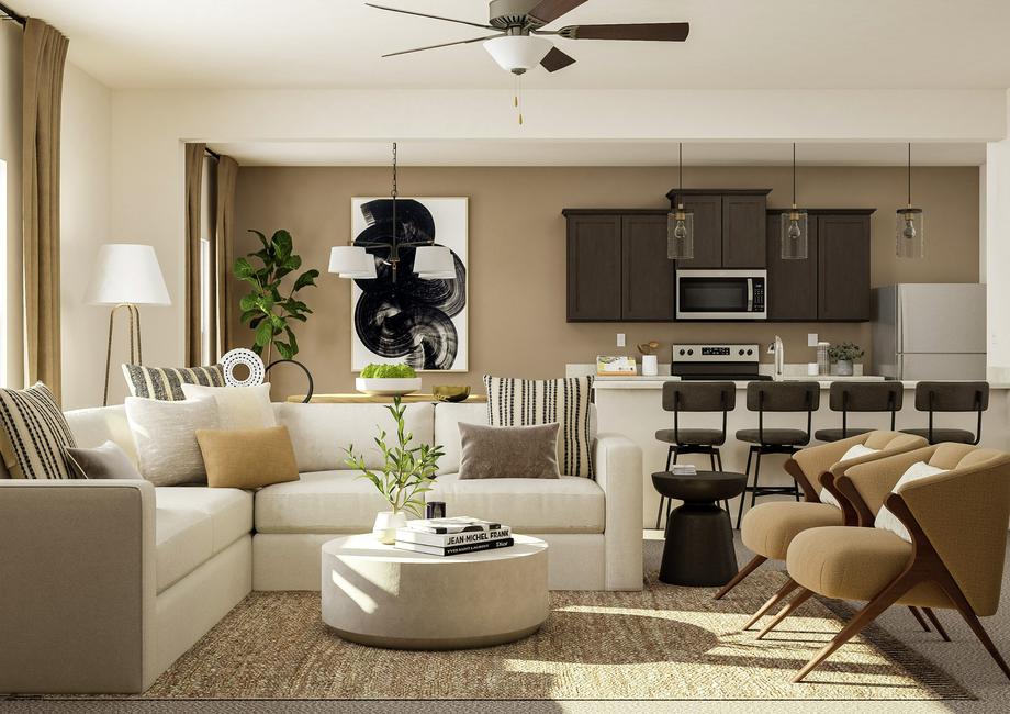 Rendering of the open layout of the
  Cypress showcasing living room furniture and lots of natural light.Â 