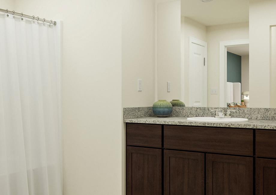 Rendering of the master bath showing the brown cabinet vanity beside the shower.