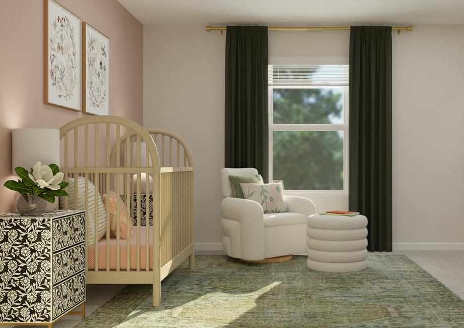 Rendering of a nursery furnished with a
  crib and nightstands on one wall, a dresser on the opposite wall and an
  armchair in front of the window on the back wall.