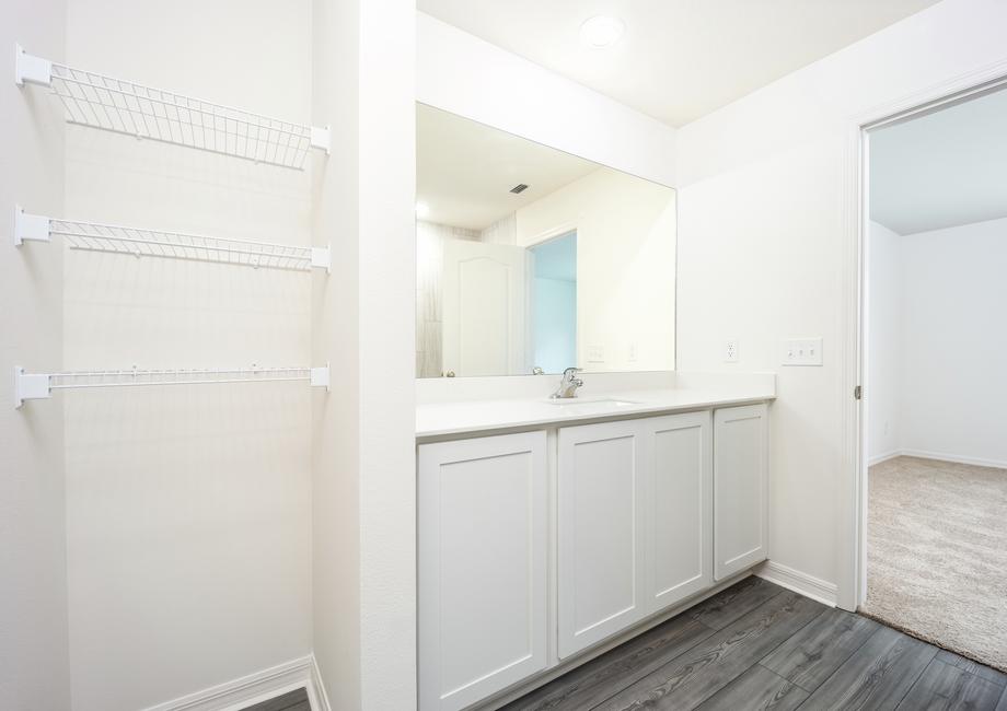 Storage and a large vanity in the master bathroom