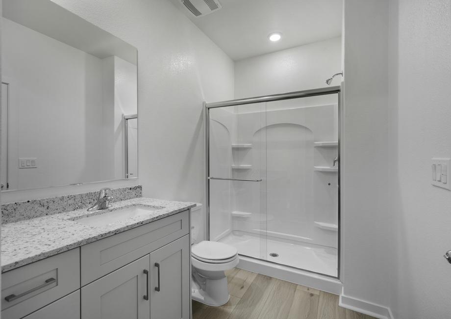 The master bathroom has a step in shower and large vanity.