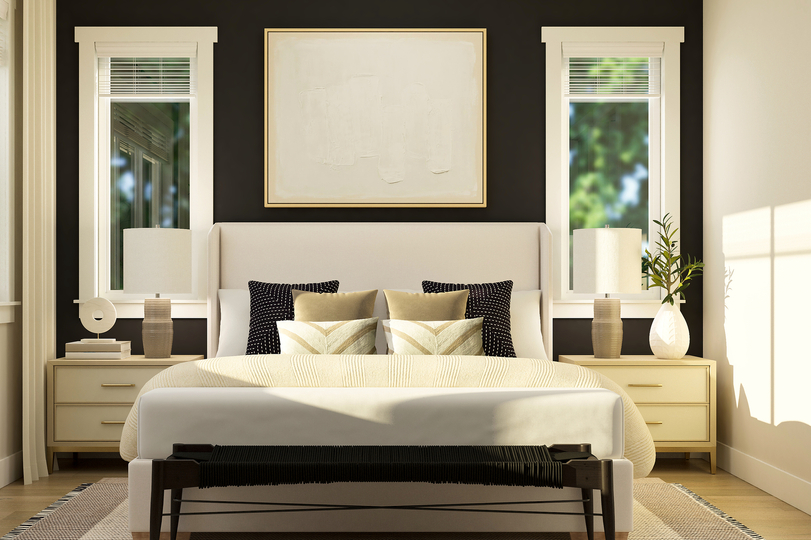 Rendering of the master bedroom with a
  large white bed and two side tables. This room also has windows and art on
  the wall.