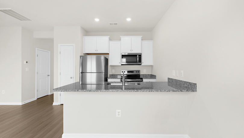 The kitchen comes with wood cabinetry