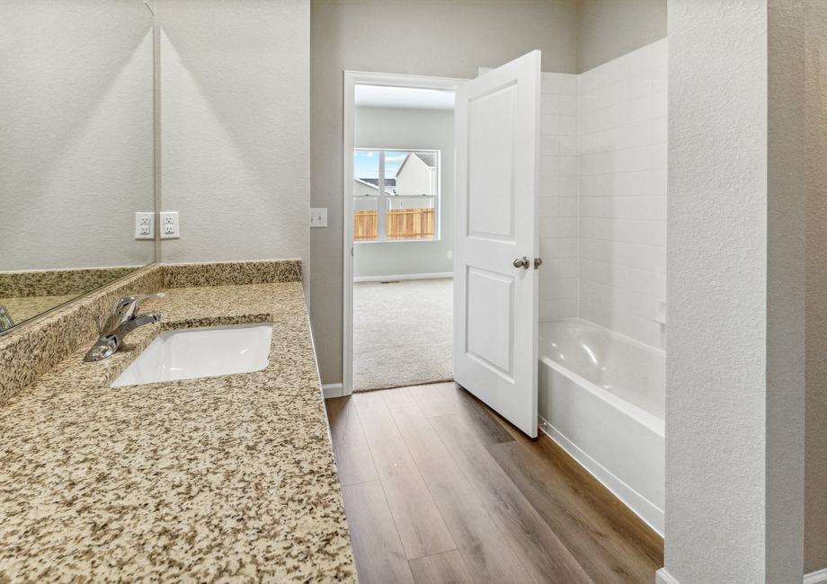 The master bathroom has a shower-tub combo.