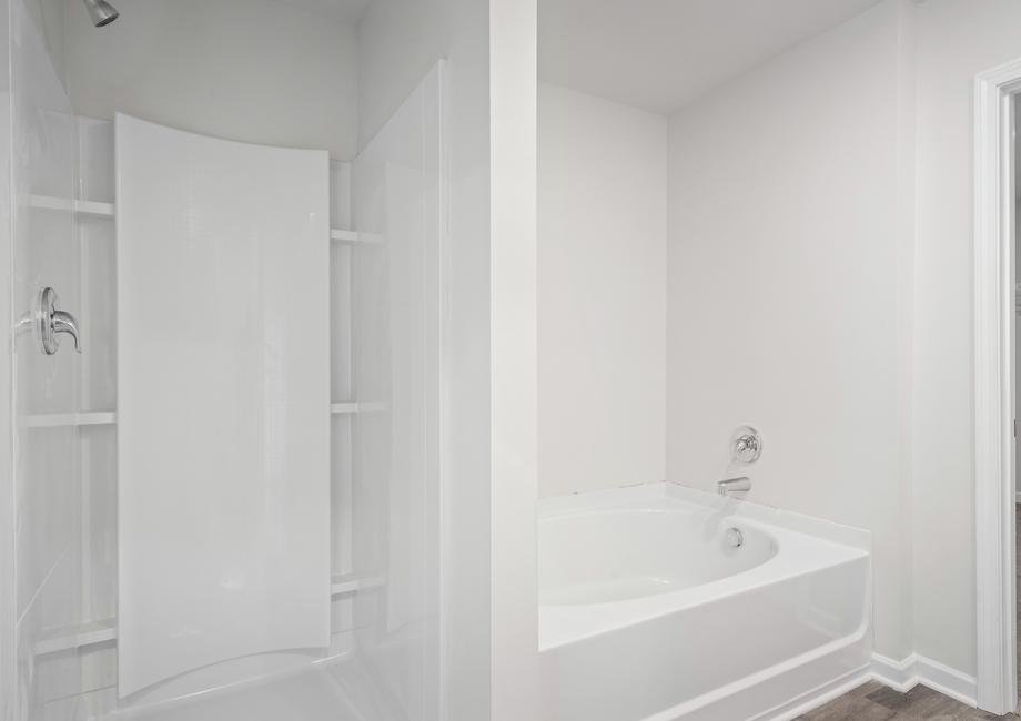 The master bathroom has a large soaking tub and a step in shower. 