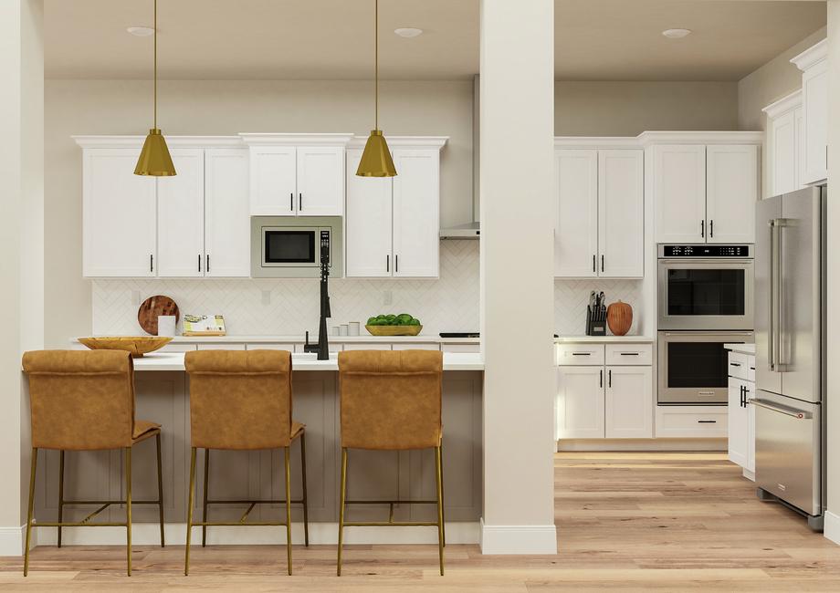 Rendering of the Stratton's kitchen
  featuring large island and counter-high stools in front of stainless steel
  KitchenAid appliances, herringbone tile backsplash and wooden cabinets.