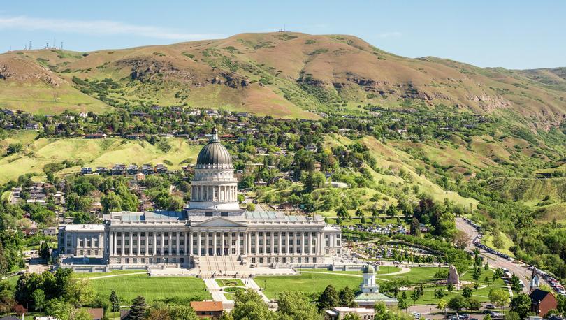 An elevated view of Utah's State Capitol building in springtime, located to the north of Salt Lake City center.