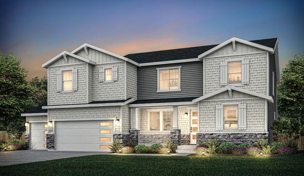 Exterior rendering of the gorgeous two-story Monte Vista floor plan during dusk.