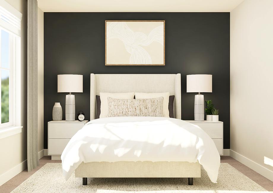 Rendering of bedroom with a large bed in
  between two side-tables.Â 