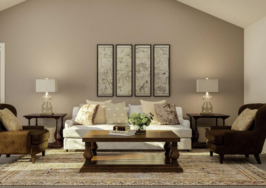 Rendering of the spacious open floor plan featuring large living room furniture and dÃ©cor with carpet flooring throughout.