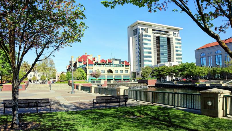 Downtown Stockton, California with buildings and trees.