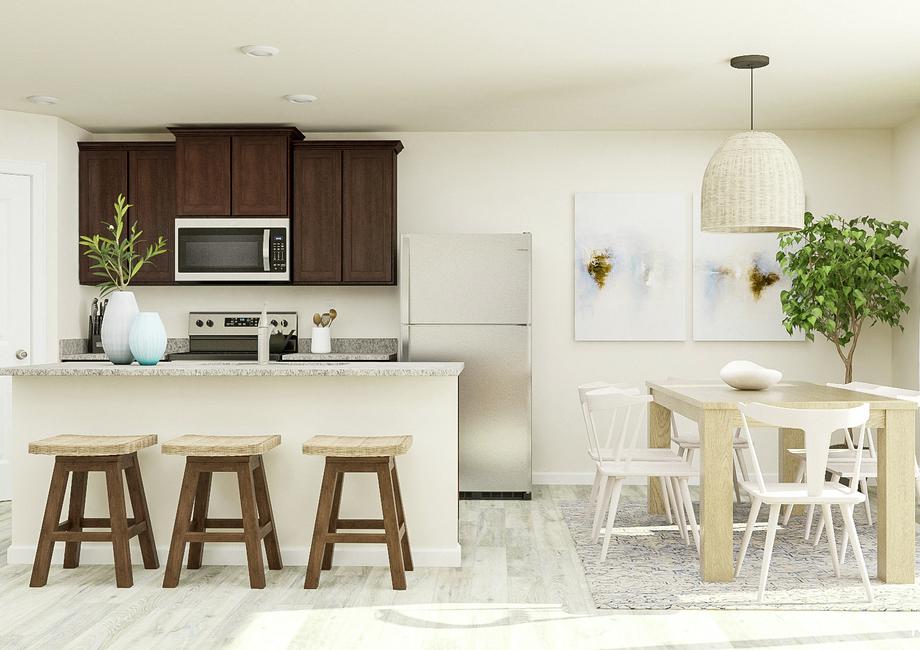 Rendering showing the dining area with a
  six-person table sitting on a rug adjacent to the open kitchen. Wood-look
  flooring flows between the two rooms.