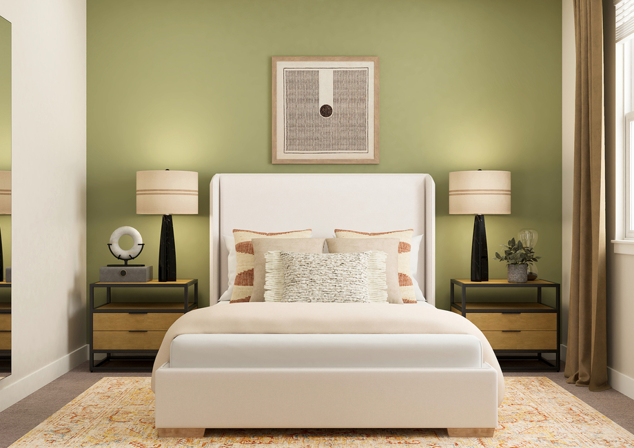 Rendering of bedroom with a white bed and
  two side tables.