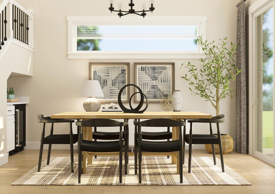 Rendering of dining room furnished with a
  large wooden table with six chairs.Â 
