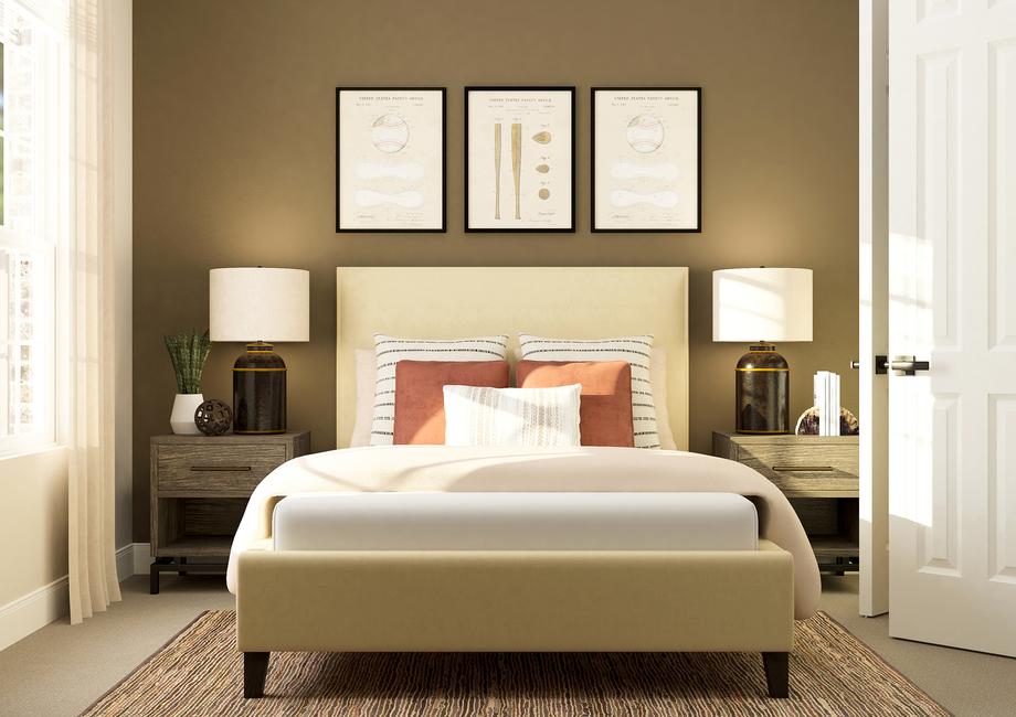 Rendering of a bedroom with carpeted
  flooring and large window. The room is furnished with a bed between two
  nightstands. Decorative baseball artwork hangs above the bed.