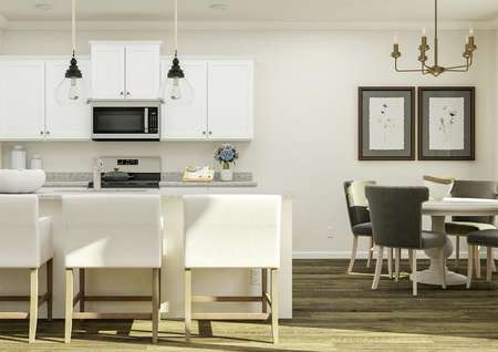 Rendering of the kitchen and breakfast
  nook in the Hartford. The kitchen has white cabinetry, granite counters and
  an island furnished with three barstools. The breakfast nook has a
  four-person table.