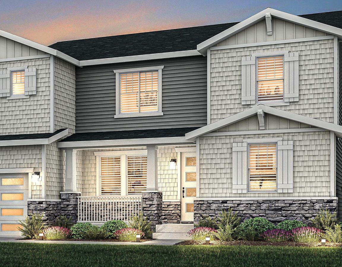 Exterior rendering of the gorgeous two-story Monte Vista floor plan during dusk.