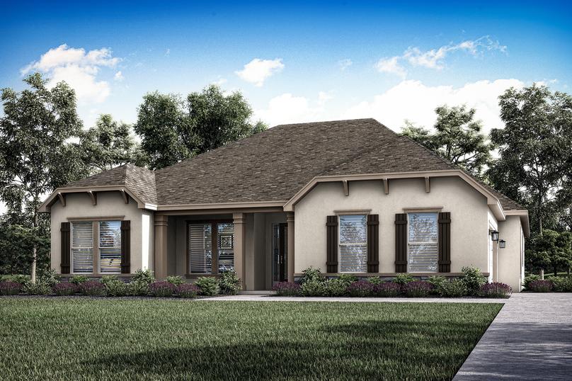Single-story Albany elevation rendering with stucco and stone accents.