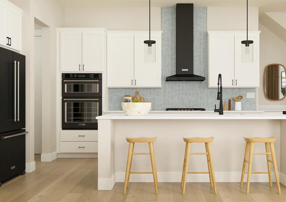 Rendering of a kitchen with white
  cabinetry and stainless steel appliances.