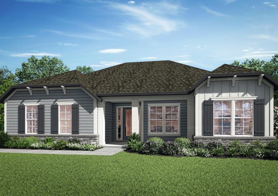 The stunning Albany plan has a charming siding and stone exterior.