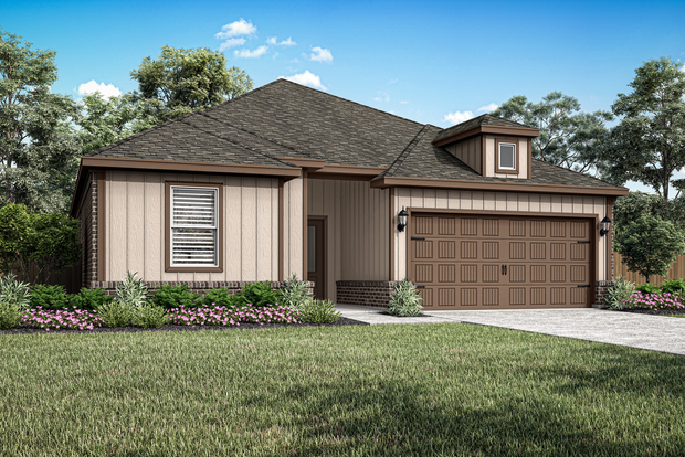 The Cassidy is a beautiful, one-story siding home with brick details.