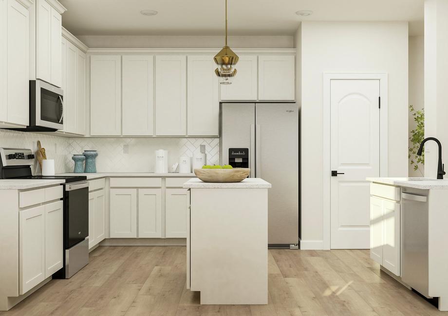 Rendering of the spacious kitchen in the
  Sequoia. This kitchen has an island in the center of it, granite countertops,
  white cabinetry, herringbone tile backsplash and Whirlpool brand appliances.