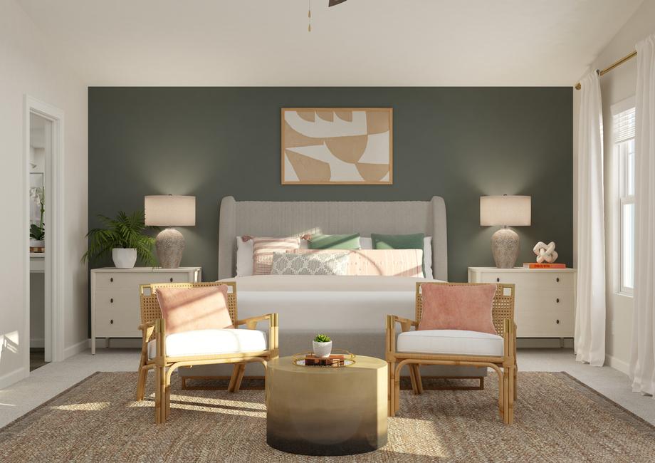 Rendering of the spacious master suite
  with carpeted flooring, a vaulted ceiling and windows. A large bed sits
  between two nightstands and under an abstract painting. At the foot of the
  bed are two chairs and a coffee table.