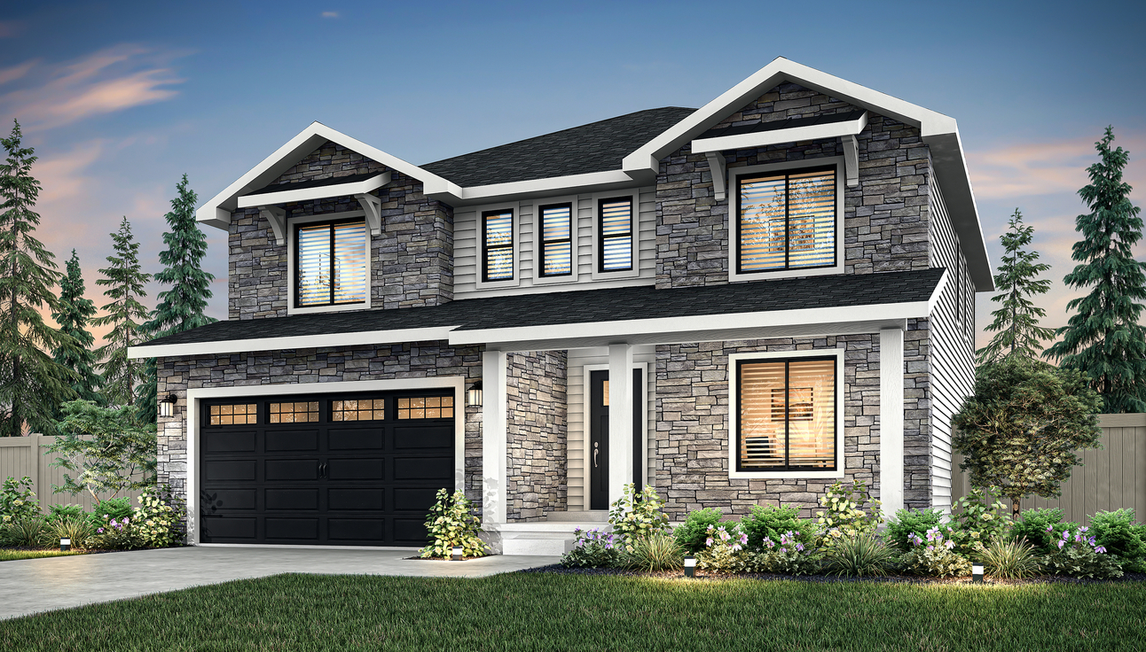 The Mahogany is a beautiful two-story stone home with siding detailing and an attached, two-car garage.