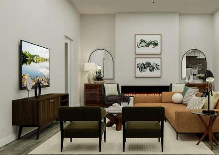 Rendering of the open living area
  featuring modern furniture and a welcoming fireplace. A view of the kitchen
  and dining area is to the right.