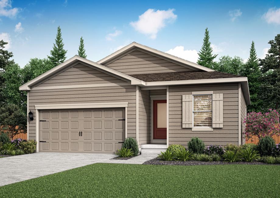Rendering of the 3-bedroom Arapaho, featuring a two-car garage and professional front yard landscaping.
