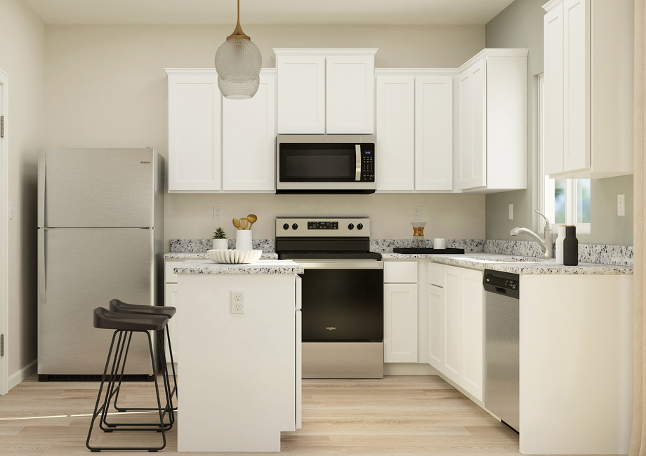Rendering of a
  kitchen with white cabinetry and stainless steel appliances. 