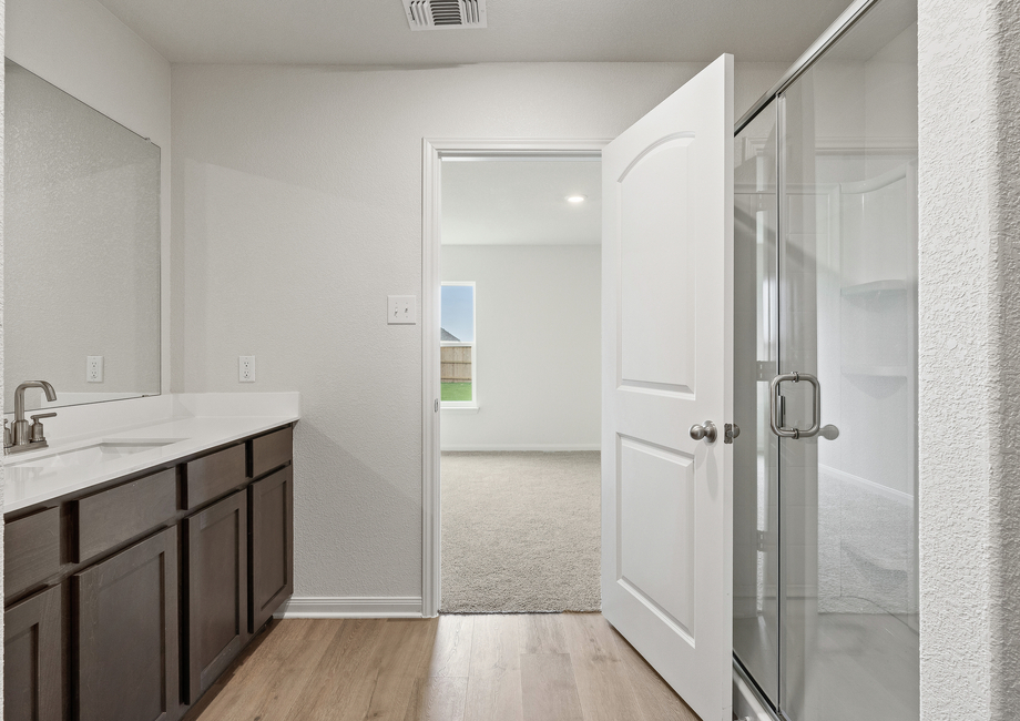 The master bathroom of the Rio Grande has a glass walk-in shower.