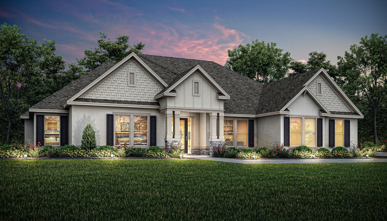 Single-story Mantle elevation rendering at dusk with stucco and stone accents.