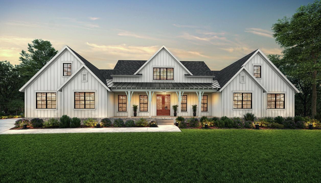 Dusk rendering of the two-story Tallulah with white siding, a large covered front porch and an attached sideload garage.